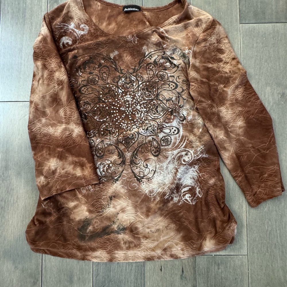 Vintage Y2K Brown and White Fairycorr Embellished Women's Top 3/4 Sleeve